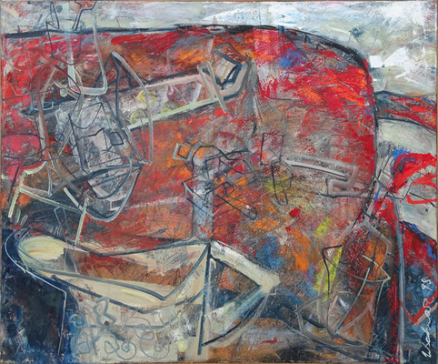 Großer roter Tisch, Öl/Lw 125 x 150 cm, 1998
