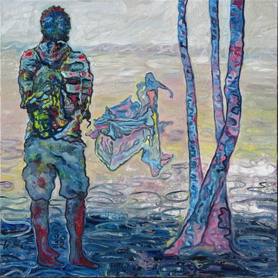 "Wanderer über dem Nebelsee", Öl/Lw 100 x 100 cm, 2022