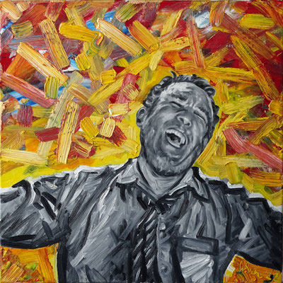 "don't despair over the bad", (video-still aus "Zorba the greek"), Öl/Lw 60 x 60 cm, 2022