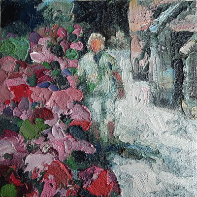 Hortensien in R. Öl Lw Holz, 20 x 20 cm