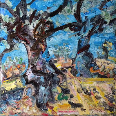 "Zwei Olivenbäume", Öl/Lw 100 x 100 cm, 2022