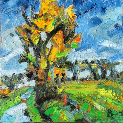 "Herbstbaum bei Urweiler", Öl/Lw 100 x 100 cm, 2025