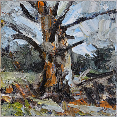 "Baumwesen" (Dank an U.V.) Öl Lw Holz, 20 x 20 cm