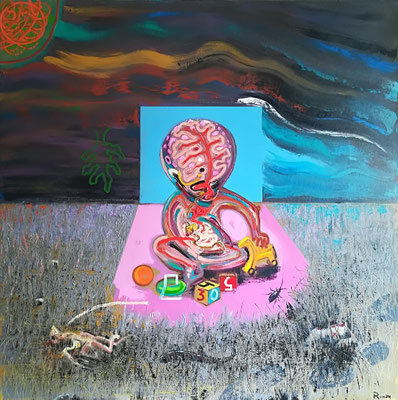 49. SNOTS, NAUGHTS, AND PINK THOUGHTS. Oil on canvas, 120x120cm, 2018_