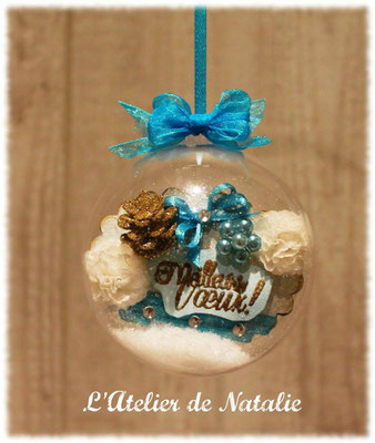 Boule de Noël Shabby Chic avec Texte tons turquoise bleu et blanc