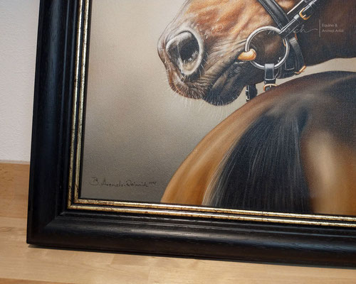 Pferde Tierportrait gemalt in Öl auf Leinwand mit Rahmen. Detail Ansicht. 