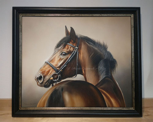 Pferde Tierportrait gemalt in Öl auf Leinwand. Öl Portrait mit Rahmen. 