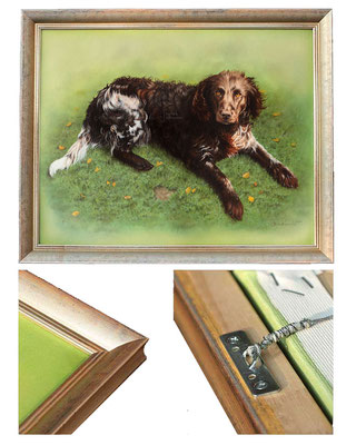 Hunde Tierportrait in Öl gemalt auf Leinwand mit Rahmen. 