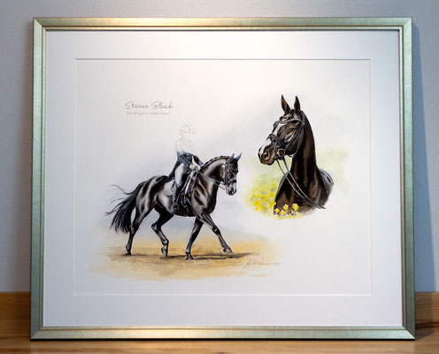 Pferde Tierportrait gemalt in Aquarell mit Rahmen