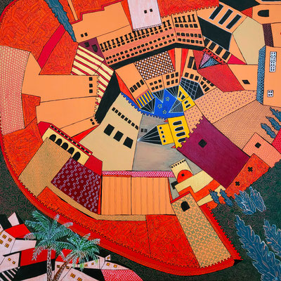 MIDDELEEUWSE VESTING met Albaicín de oude Moorse wijk op de voorgrond uit de serie Alhambra - acrylverf op doek - 75 x 75 - houten baklijst - verkoopprijs € 795