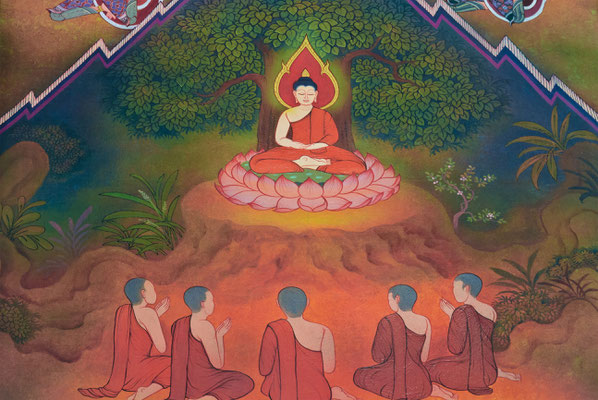 El Sermón de Benarés. Buddha transmite el Dharma a los cinco primeros bhikkus, antiguos compañeros de sus retiros ascéticos.