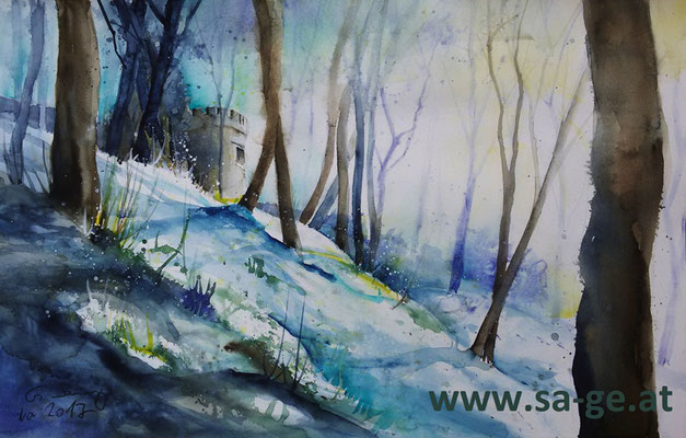 Verschneiter Schloßwald in Wolfsberg, 56x36cm, 2017/11