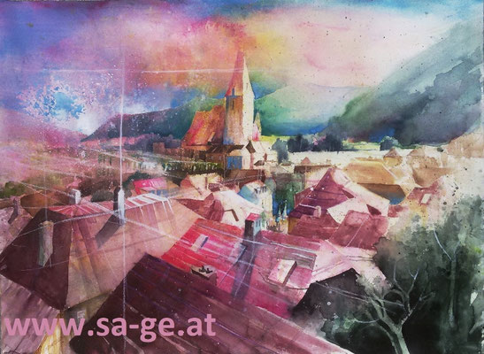 Weißenkirchen - Dachlandschaft, 67x50cm, 2020/08