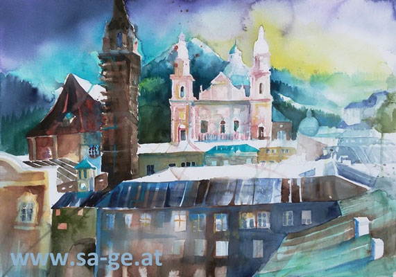 Blick von der Festspielterrasse in Salzburg - 75x52cm, 2019/05