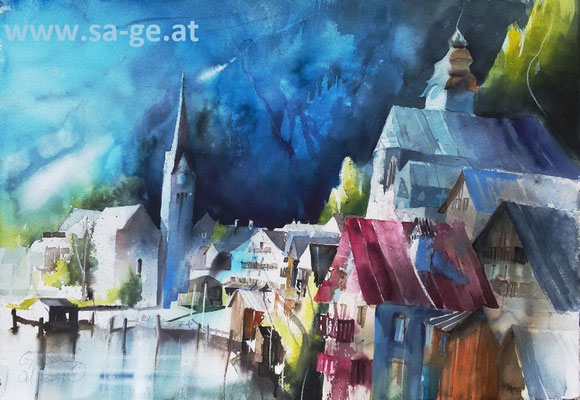 Hallstatt, Blick von der Gosaumühlstraße, 75x52cm, 2021/10