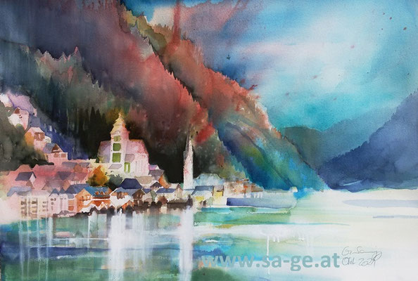 Hallstatt, Blick von der Seelände, 75x52cm, 2021/10