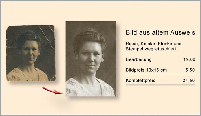 In sehr altem Bild die Risse, Flecken, Knicke und den Stempel wegretouschiert