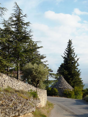 A quelques centaines de mètres du chantier, sur le chemin du retour, au croisement de l'avenue Marcel André et du Chemin de la Colle (près de la chapelle St-Marc de Forcalquier), un cabanon pointu et un mur de pierre sèche nous accueillent
