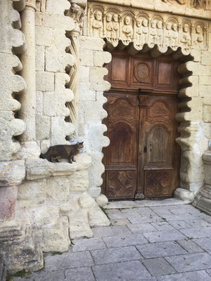 Câline inspecte les lobes et les colonnes des chapitaux du portail