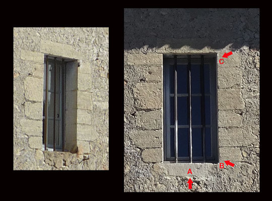 Avant et après intervention. L'ancien appui de fenêtre A a été retiré et remplacé par une pierre issue du calcaire du plateau de Ganagobie. Les gonds B et C sont démis et rebouchés avec un enduit à la chaux aérienne "fausse pierre"