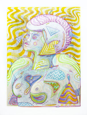 POLISSONNE- Monotype sur papier - Réhausse au crayon aquarelle - 50 x 65 cm 