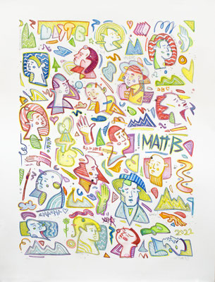 GRIBOUILLIS BONHEUR- Monotype sur papier - Réhausse au crayon aquarelle - 50 x 65 cm