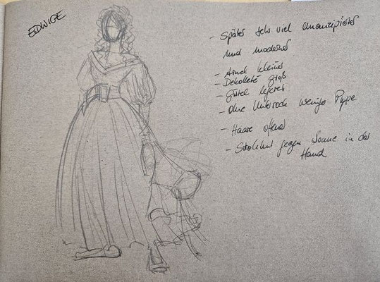 Skizze von Edwige - nachdem sie gestrandet ist, das Kleid nicht mehr vollständig und korrekt, kein Kragen, hängende Ärmel und Schleifen, ohne Krinoline...