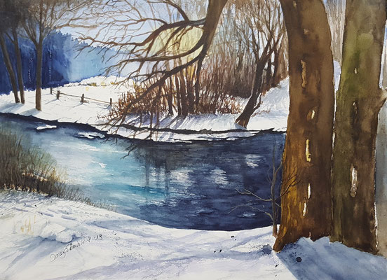 Winter an der Isar 2019 Aquarell 36 x 48 cm