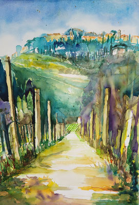Blick auf Montepulciano, Aquarell 2023 51 x 35 cm Inez Eckenbach-Henning