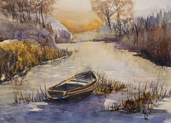 Boot im See Aquarell 2024 24x32 cm Inez Eckenbach-Henning
