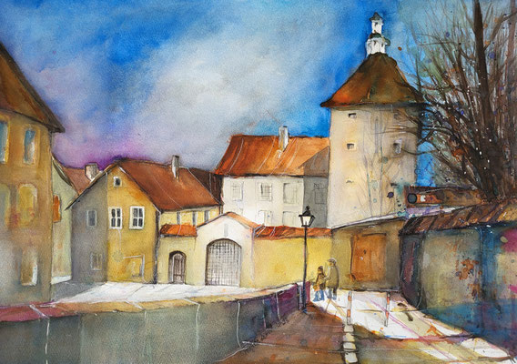 Altes Gefängnis Freising, Aquarell 2023 51x 35 cm Inez Eckenbach-Henning