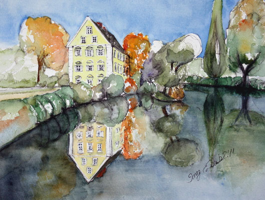 Schloßgut Erching bei Hallbergmoos Aquarell 40 x 30 cm