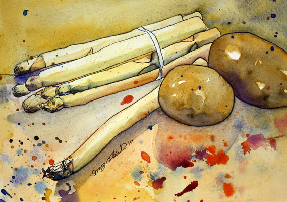 Spargel und Kartoffeln Aquarell mit Fineliner