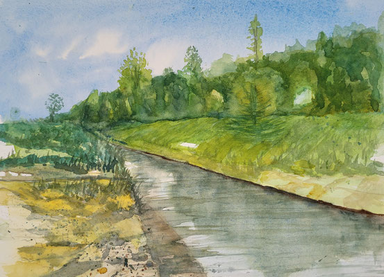 Die Goldach in Hallbergmoos, Aquarell 2023, 32x24 cm Inez Eckenbach-Henning