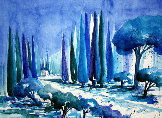Toskana Impressionen in Blau 2014 Aquarell 36 x 48 cm