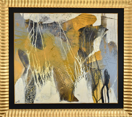 "Aufbruch in goldene Zeiten" Bild 2 - Misch - Schütt - Collagentechnik auf Leinwand mit Goldrahmen 103 x 93cm © KunstMomente Christine Dablander 