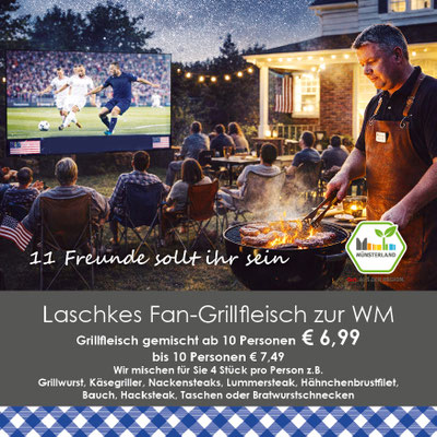 Gemischtes Grillfleisch von Fleischerei Laschke für Fußballabende und Grillpartys zur WM 2026 mit Würstchen, Steaks und Grillspezialitäten aus eigener Herstellung.