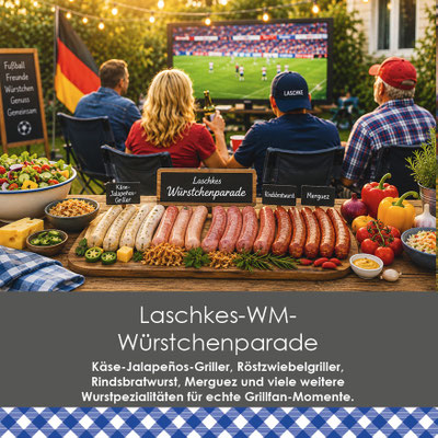 Große Auswahl an Grillwürstchen von Fleischerei Laschke mit Käse-Jalapeños-Grillern, Rindsbratwurst, Merguez und weiteren Wurstspezialitäten für den Grill.
