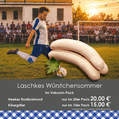 Heeker Rostbratwurst und Käsegriller im Vorteilspack von Fleischerei Laschke – ideal für Grillabende, Gartenpartys und Fußballabende.