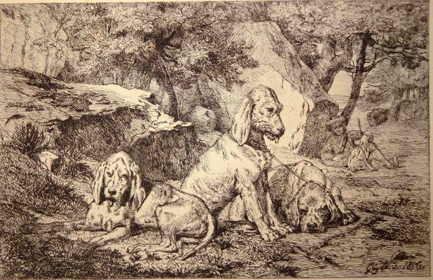 Guy, 1856, les chiens au repos et le chasseur