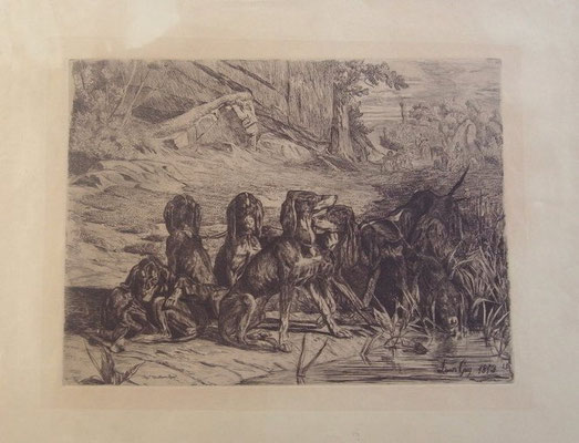 Guy, 1853, La meute au bord de la mare, 19,5 x 26.