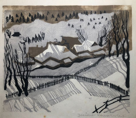 Paysage enneigé, bois, 29 x 24, sur japon. Timbre sec du BGL.
