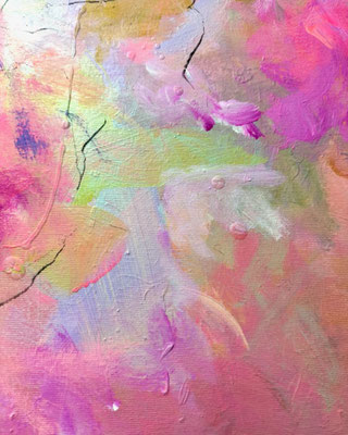 Abstraktes Farbfeld in apricot und Pfirsich mit rosa, Farbspuren mit Pinseltextur aus Acryl und Ölpastell auf Leinwand