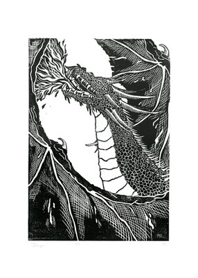  Dragon, linogravure, 7 tirages, 29,7x42 cm, 2019