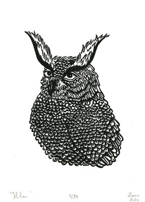 Hibou, linogravure, 24 tirages, A5, 2020