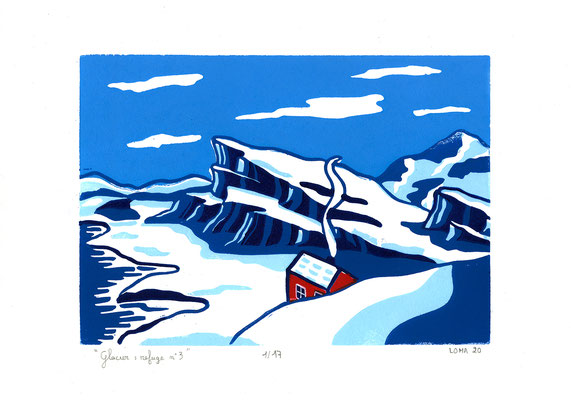 Glacier, refuge n°3, linogravure polychrome, 17 tirages, A4, 2020