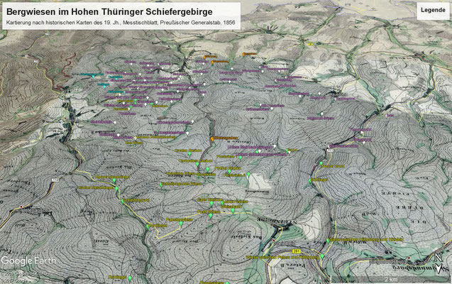 Messtischblattmontage mit Beschriftung an den kartierten Wiesen, Blick von Norden