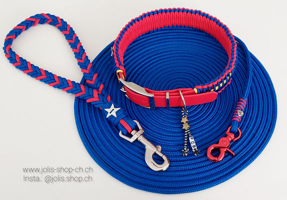 Bild 3 / Art.-Nr. : 6078-3  FCB Halsband (4cm breit) 48cm-57cm CHF 43.-, Handschlaufe 36cm lang CHF 20.-, 10m Schleppleine (6mm) CHF 30.-      Total Preis: CHF 93.-