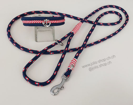 Art.-Nr.: 6024 / Set - Hundeleine +/- 190cm (Captain) mit Handschlaufe (8mm Seil)  für kleine Hunde und Halsband Marine 2,3cm breit (Halsumfang 31cm) mit normalem Karabiner    Preis: CHF 61.-    