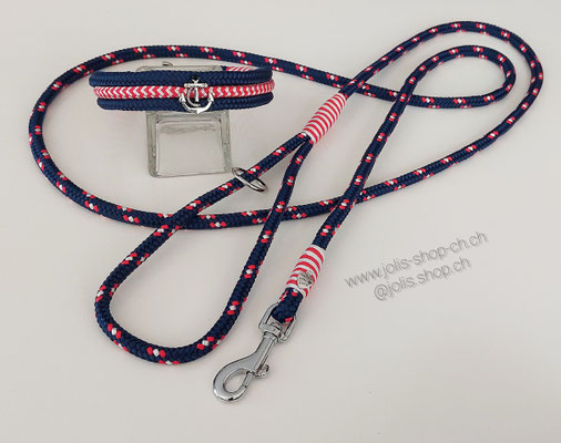 Art.-Nr.: 6024 / Set - Hundeleine +/- 190cm (Captain) mit Handschlaufe (8mm Seil)  für kleine Hunde und Halsband Marine 2,3cm breit (Halsumfang 31cm) mit normalem Karabiner    Preis: CHF 61.-    